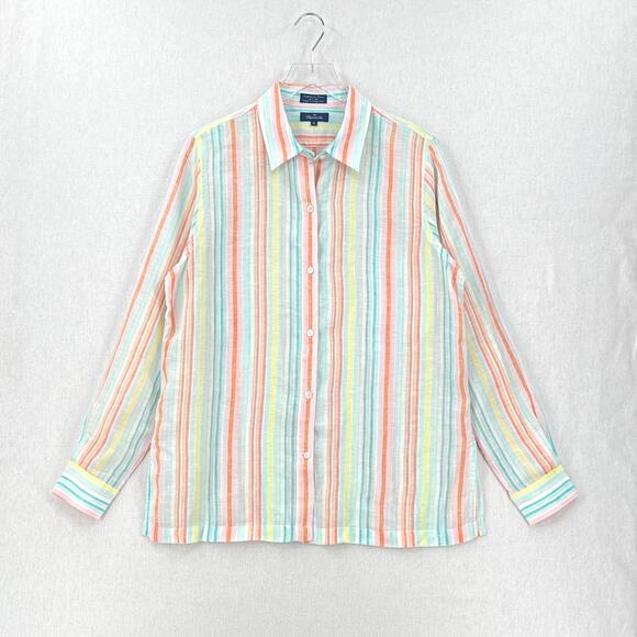 FACONNABLE Linen Button up Shirt Womens XL White Aqua Orange Striped Long Sleeve - Picture 2 of 12